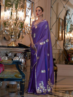 Odette - Festive Violet Satin Woven Saree with Unstitched Blouse