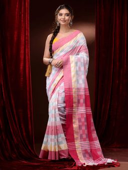 CHARUKRITI - White and Pink Pure Cotton Checkered Geometric Patterns Saree with Unstitched Blouse