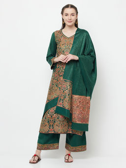 Safaa - Women Winter Wear Rayon Acro Wool Kurta And Palazzo Unstitched Material With Dupatta-Green