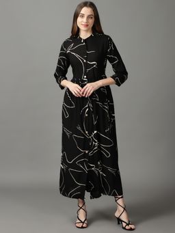 SHOWOFF - Womens Printed Mandarin Collar Black Maxi Dress