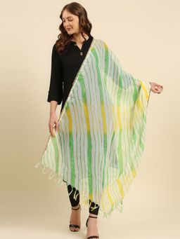 Dupatta Bazaar - Womens Kota Doria Dupatta In Green & Yellow Multi Leharia