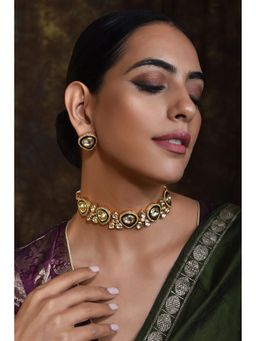 SWABHIMANN - White Plated Polka Choker with Earnings