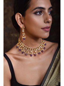 SWABHIMANN - White Gold Plated Kundan Choker with Earnings