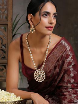 SWABHIMANN - White Gold Plated Long Kundan Necklace with Earnings