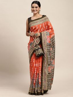 Odette - Bhagalpuri Silk Orange Printed Saree with Unstitched Blouse