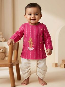 PSPeaches - Baby Boy Magenta and White Dobby Angrakha Kurta With Dhoti