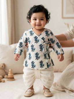 PSPeaches - Baby Boy White Floral Print Straight Fit Kurta With Dhoti