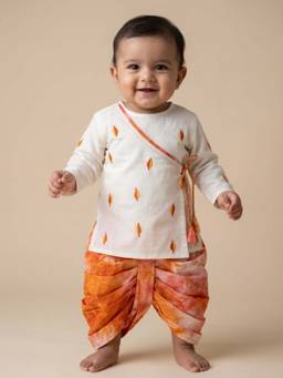 PSPeaches - Baby Boy Off White and Orange Embroidery Angrakha Kurta With Dhoti