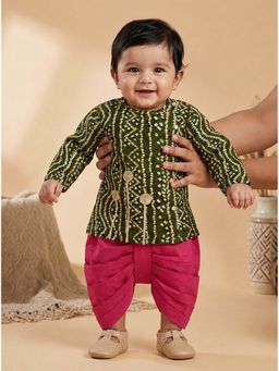 PSPeaches - Baby Boy Green and Magenta Bandhani Angrakha Kurta With Dhoti