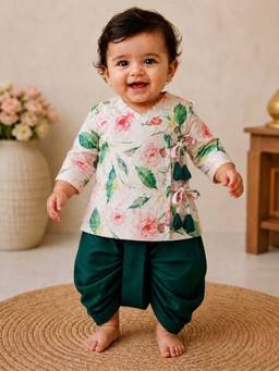 PSPeaches - Baby Boy Cream and Green Floral Print Straight Fit Kurta With Dhoti