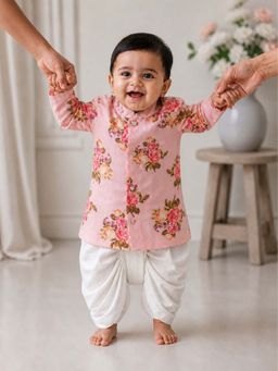 PSPeaches - Baby Boy Peach Ethnic Floral Print Straight Fit Kurta With Dhoti