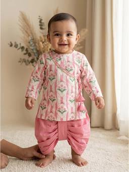PSPeaches - Baby Boy Pink and White Floral Print Straight Fit Kurta With Dhoti