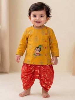 PSPeaches - Baby Boy Mustard and Red Printed Angrakha Kurta With Dhoti