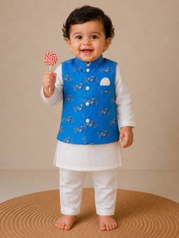PSPeaches - Baby Boy Off-White Printed Straight Fit Kurta and Pyjama with Jacket