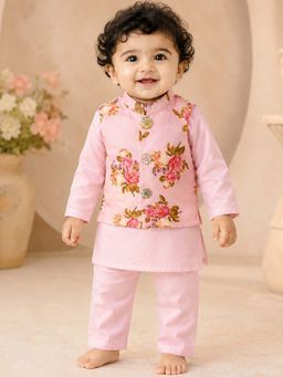 PSPeaches - Baby Boy Pink Floral Print Straight Fit Kurta and Pyjama With Jacket