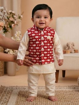 PSPeaches - Baby Boy Off-White Printed Straight Fit Kurta and Pyjama With Jacket