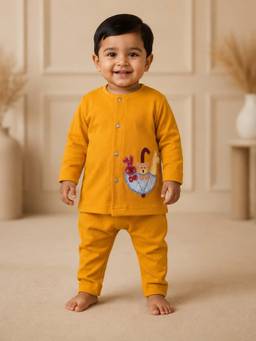 PSPeaches - Baby Boy Mustard Ethnic Cotton Straight Fit Co-Ord Set