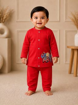 PSPeaches - Baby Boy Red Ethnic Cotton Straight Fit Co-Ord Set