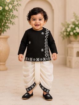 PSPeaches - Baby Boy Black and White Silk Angrakha Kurta With Dhoti