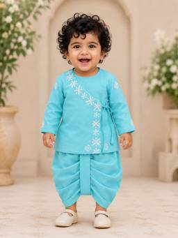 PSPeaches - Baby Boy Blue Asymmetrical Angrakha Kurta With Dhoti