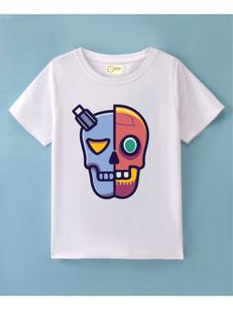 MALKIAT - Kids White Robo Skull Vibes Printed Cotton T-Shirt