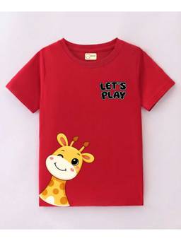 MALKIAT - Kids Red Happy Giraffe Buddy Printed Cotton T-Shirt