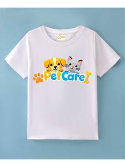 MALKIAT - Kids White Happy Pet Hug Printed Cotton T-Shirt
