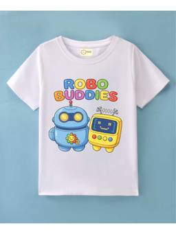 MALKIAT - Kids White Smiley Robot Duo Printed Cotton T-Shirt