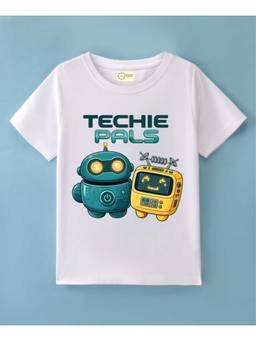 MALKIAT - Kids White Robot Besties Printed Cotton T-Shirt