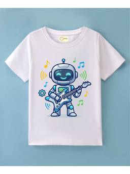 MALKIAT - Kids White Dancing Robot Printed Cotton T-Shirt