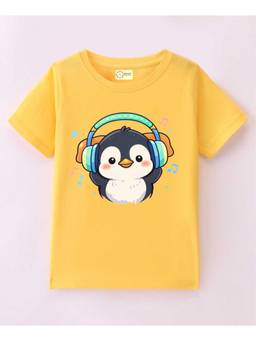 MALKIAT - Kids Yellow Little DJ Penguin Printed Cotton T-Shirt