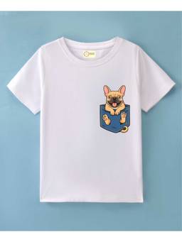 MALKIAT - Kids White Cute Pup Peek Printed Cotton T-Shirt