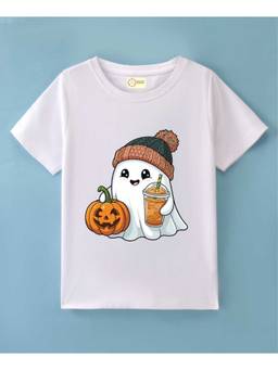 MALKIAT - Kids White Pumpkin Boo Printed Cotton T-Shirt