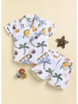Bumzee - White Boys Half Sleeves Cotton Woven Shirt With Shorts