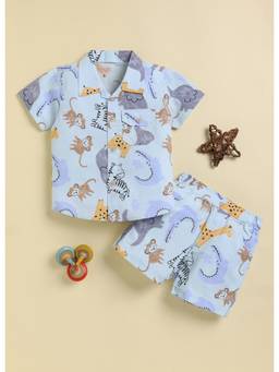 Bumzee - Sky Blue Boys Half Sleeves Cotton Woven Shirt With Shorts