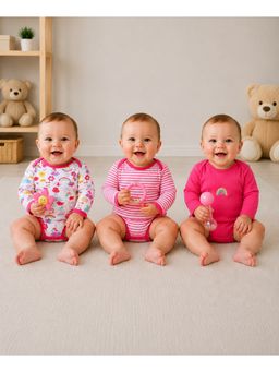 Bumzee - Pink and White Baby Girls Full Sleeves Cotton Bodysuit (Pack of 3)
