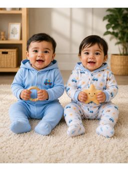 Bumzee - Sky Blue and White Baby Boys Full Sleeves Hooded Romper (Pack of 2)