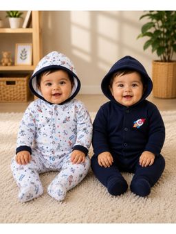 Bumzee - Navy and White Baby Boys Full Sleeves Hooded Romper (Pack of 2)