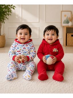 Bumzee - Red and White Baby Boys Full Sleeves Hooded Romper (Pack of 2)