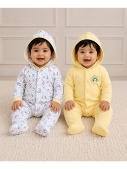 Bumzee - Yellow and White Baby Girls Full Sleeves Hooded Romper (Pack of 2)