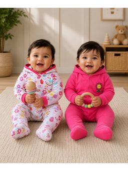 Bumzee - Magenta and White Baby Girls Full Sleeves Hooded Romper (Pack of 2)