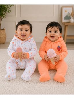 Bumzee - Orange and White Baby Girls Full Sleeves Hooded Romper (Pack of 2)