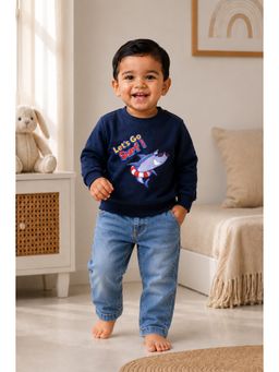 Bumzee - Navy Blue Cotton Full Sleeves Round Neck Printed Sweatshirt