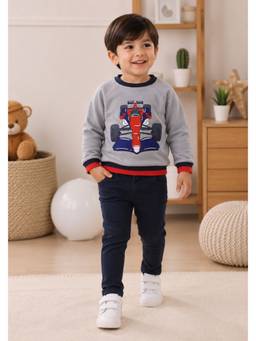 Bumzee - Grey Cotton Raglan Sleeves Round Neck Printed Sweatshirt