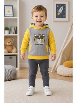 Bumzee - Grey Fleece Full Sleeves Hooded Printed Hoodie