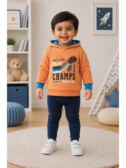 Bumzee - Orange Fleece Full Sleeves Hooded Printed Hoodie