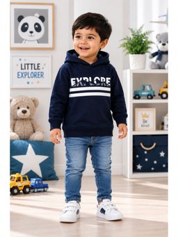 Bumzee - Navy Blue Fleece Full Sleeves Hooded Typography Hoodie