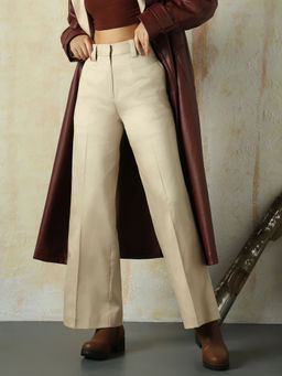 High Star - Beige Women Solid Wide Leg Trousers