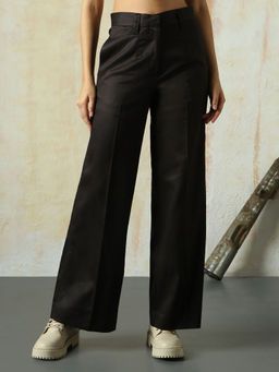 High Star - Black Women Solid Wide Leg Trousers