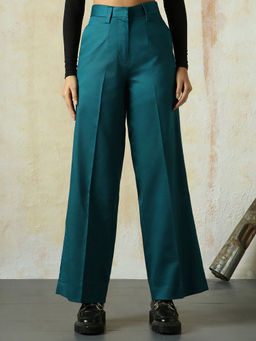 High Star - Teal Women Solid Wide Leg Trousers